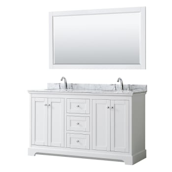 Wyndham Avery 60" White Double Vanity, Carrara Marble, Oval Sinks, 58" Mirror
