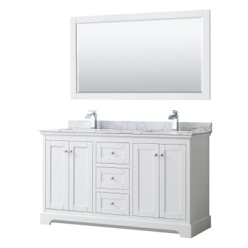 Wyndham Avery 60" White Double Vanity, Carrara Marble, Square Sinks, 58" Mirror