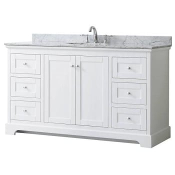 Wyndham Avery 60" White Single Vanity, Carrara Marble Top, Oval Sink