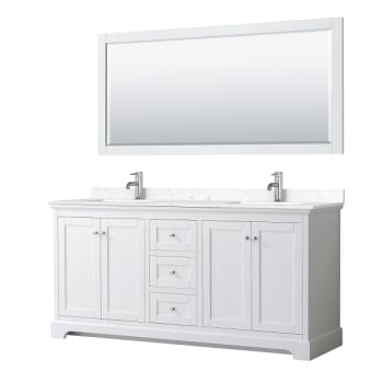 Wyndham Avery 72" White Double Vanity, Carrara Marble Top, 70" Mirror