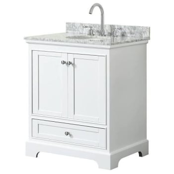 Wyndham Deborah 30" White Single Vanity, Carrara Marble Top, Oval Sink