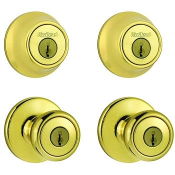 Image for Kwikset Tylo Polished Brass Exterior Entry Door Knob And 1- Cylinder Deadbolt from HD Supply