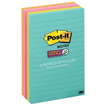 Post-It® Lined Super Sticky Notes 4" X 6", Package Of 5
