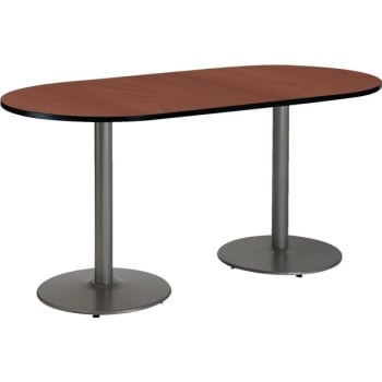 KFI 30 x 72" Racetrack Pedestal Table With Mahogany Top, Round Silver Base