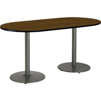 Kfi 36 X 72" Racetrack Pedestal Table With Walnut Top, Round Silver Base