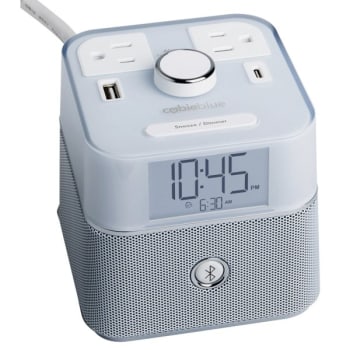 Brandstand Cubieblue 2.0 White Alarm Clock With Bt, 2 Power Outlets And 2 Usb