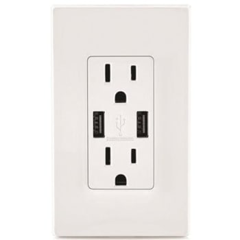 Image for Leviton 3.6 Amp White Usb Wall Charger W/duplex 15 Amp Tamper-Resistant Outlet from HD Supply