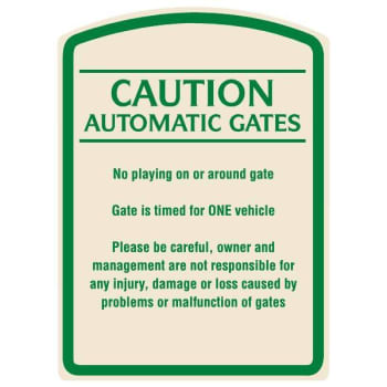 Image for Caution Automatic Gates Designer Sign, Green on Ivory, 16 x 22 from HD Supply