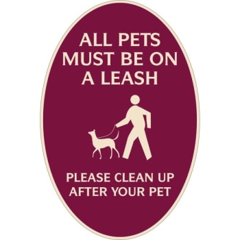 Image for All Pets Must Be On A Leash Oval Designer Sign Ivory on Burgundy, 12 x 18 from HD Supply