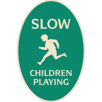 Slow/Children Playing Oval Designer Sign, Ivory on Green, 12 x 18