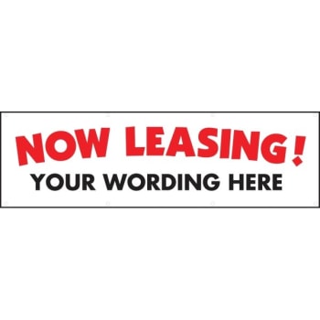 Semi-Custom Now Leasing Banner, White with Red Letters, 15' x 4'