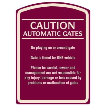 Image for Caution Automatic Gates Designer Sign, Ivory On Burgundy, 16 X 22 from HD Supply