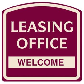 Leasing Office/Welcome Arched Designer Sign, Ivory on Burgundy, 16 x 16