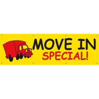 Horizontal Move In Special Banner, Yellow With Red Truck, 10' X 3'