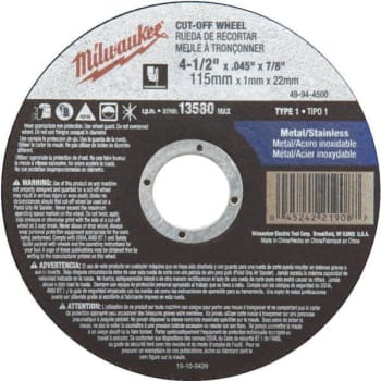 Image for Milwaukee 4-1/2 In X 0.045 In X 7/8 In Cut-Off Wheel Type 27 from HD Supply