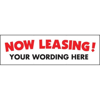 Semi-Custom Now Leasing Banner, White With Red Letters, 20' X 4'