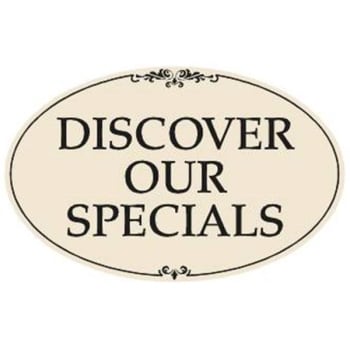 Image for Coroplast Discover Our Specials Oval Amenity Sign, Black/Ivory, 32 x 21 from HD Supply