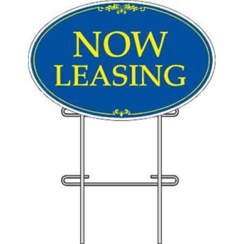 Coroplast Now Leasing Oval Amenity Sign Kit, Blue/Yellow, 32 x 21