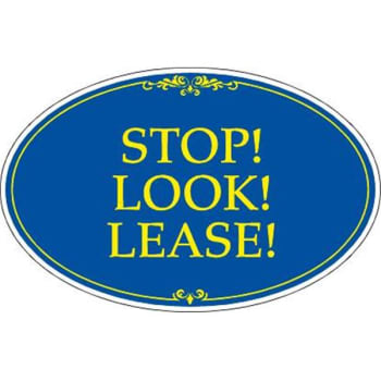 Image for Coroplast Stop! Look! Lease! Oval Amenity Sign, Blue/yellow, 32 X 21 from HD Supply