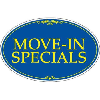 Image for Coroplast Move In Specials Oval Amenity Sign, Blue/Yellow, 32 x 21 from HD Supply