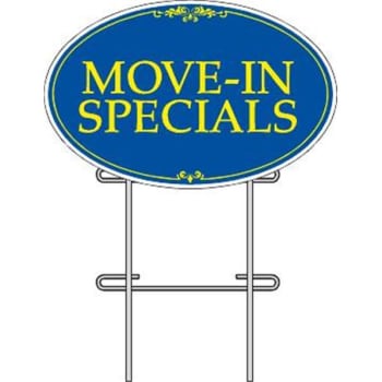 Image for Coroplast Move In Specials Oval Amenity Sign Kit, Blue/Yellow, 32 x 21 from HD Supply