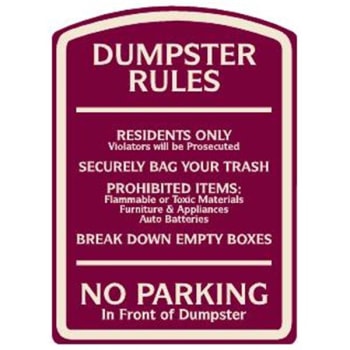 Image for Dumpster Rules Designer Sign, Ivory On Burgundy, Non-Reflective, 16 X 22 from HD Supply