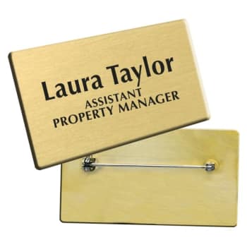 Custom Engraved Metal Name Tag with Pin Back, Brass, 2-1/2 x 1-3/8