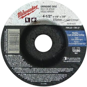 Image for Milwaukee 4-1/2 In X 1/8 In X 7/8 In Type 27 Grinding Wheel from HD Supply