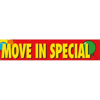 Horizontal Move In Special Banner, Red With Balloons, 20' X 4'