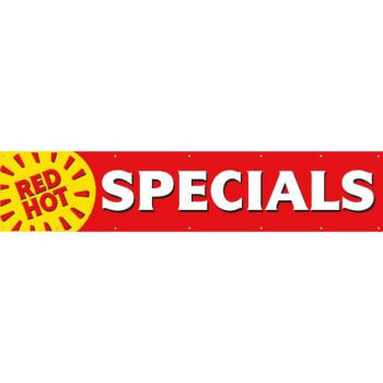 Image for Horizontal Red Hot Specials Banner, Sun Shape/Red/Yellow, 20' x 4' from HD Supply