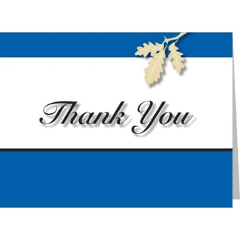 Personalized Thank You Cards, Leaf Design, Blue  Envelope Imprint Package Of 100