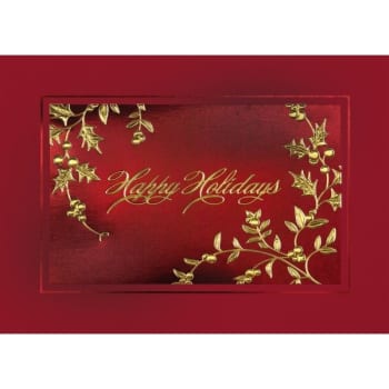Premium Greeting Cards, Golden Holly Design With Foil Imprinting Package Of 50