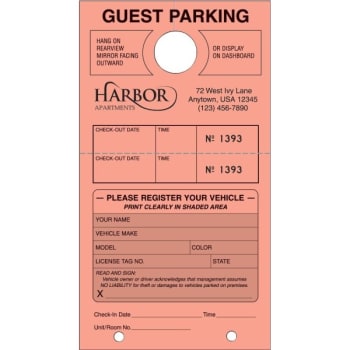 Temporary Guest Parking Tags, Salmon, 4-1/4 X 7-3/4, Package Of 100