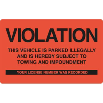Parking Violation Sticker, Red, 8 X 5", Package Of 100