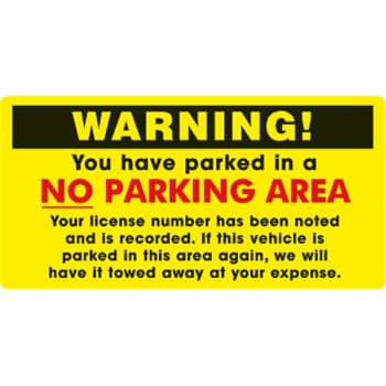 Warning No Parking Area Parking Sticker, Bright Yellow, 6 X 3, Package Of 100