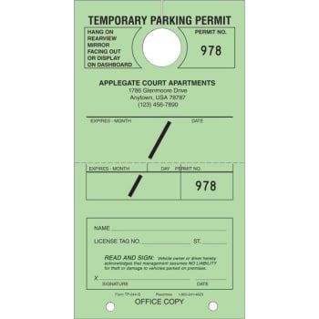 Image for Personalized Temporary Parking Tags, Green, 4-1/4 x 7-3/4, Package of 100 from HD Supply