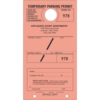 Image for Personalized Temporary Parking Tags, Salmon, 4-1/4 X 7-3/4, Package Of 100 from HD Supply