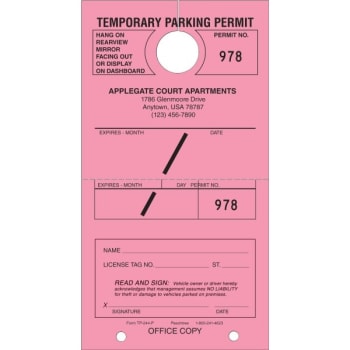 Image for Personalized Temporary Parking Tags, Pink, 4-1/4 x 7-3/4, Package of 100 from HD Supply