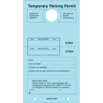 Temporary Parking Tag, Large Instructions, Blue, 4-1/4 x 7-3/4, Package of 100