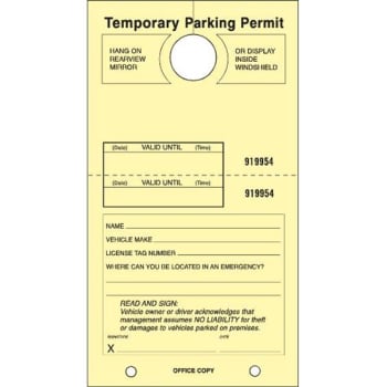 Temporary Parking Tag, Large Instructions, Canary, 4-1/4x7-3/4, Package of 100
