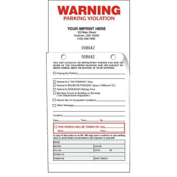 Attention Duplicate Parking Warning Tags, 4-1/4 x 8-1/2, Package of 100