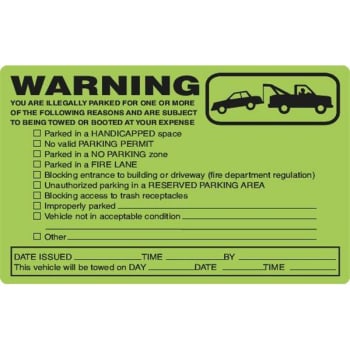 Parking Violation Sticker Warning Tow, Green, 8 X 5", Package Of 100