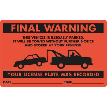 Image for Parking Violation Sticker Final Tow Warning, Red, 8 x 5", Package Of 100 from HD Supply