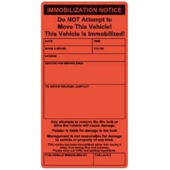 Image for Auto Boot Warning Stickers, Orange, 4-1/4 X 8, Package Of 100 from HD Supply