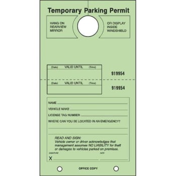 Temporary Parking Tag, Large Instructions, Green, 4-1/4x7-3/4, Package Of 100