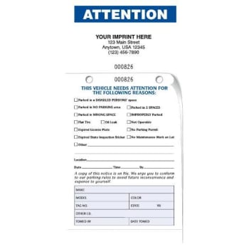 Image for Attention Duplicate Parking Warning Tag, Blue, 4-1/4 X 8-1/2, Package Of 100 from HD Supply