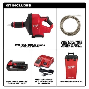 Milwaukee M18 Fuel 18v Drain Snake Auger Kit, 5/16" X  35 ' Cable