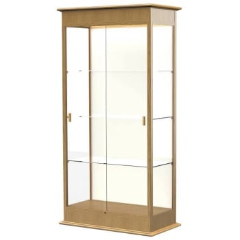 Ghent Waddell Varsity Lighted Carmel Oak Case  W/Sliding Door/Plaque Fabric Back