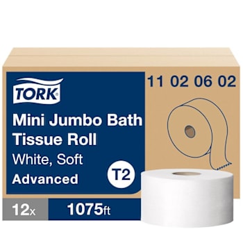 Tork Mini Jumbo Toilet Paper Roll, Advanced, 2-Ply, White, 751 Ft Per Roll, Case Of 12