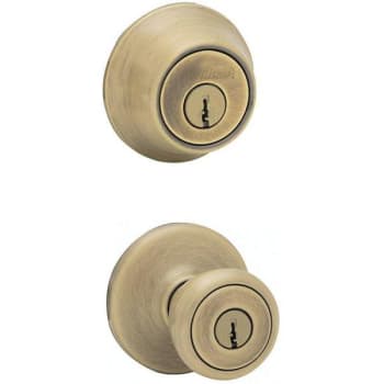 Image for Kwikset Tylo Entry Door Knob And Deadbolt Combo W/ Microban (Antique Brass) from HD Supply
